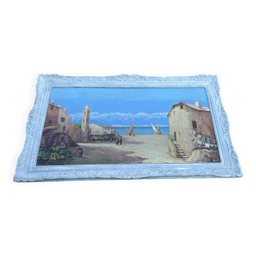Tableau ancien – Vue méditerranéenne animée – Port et voiliers