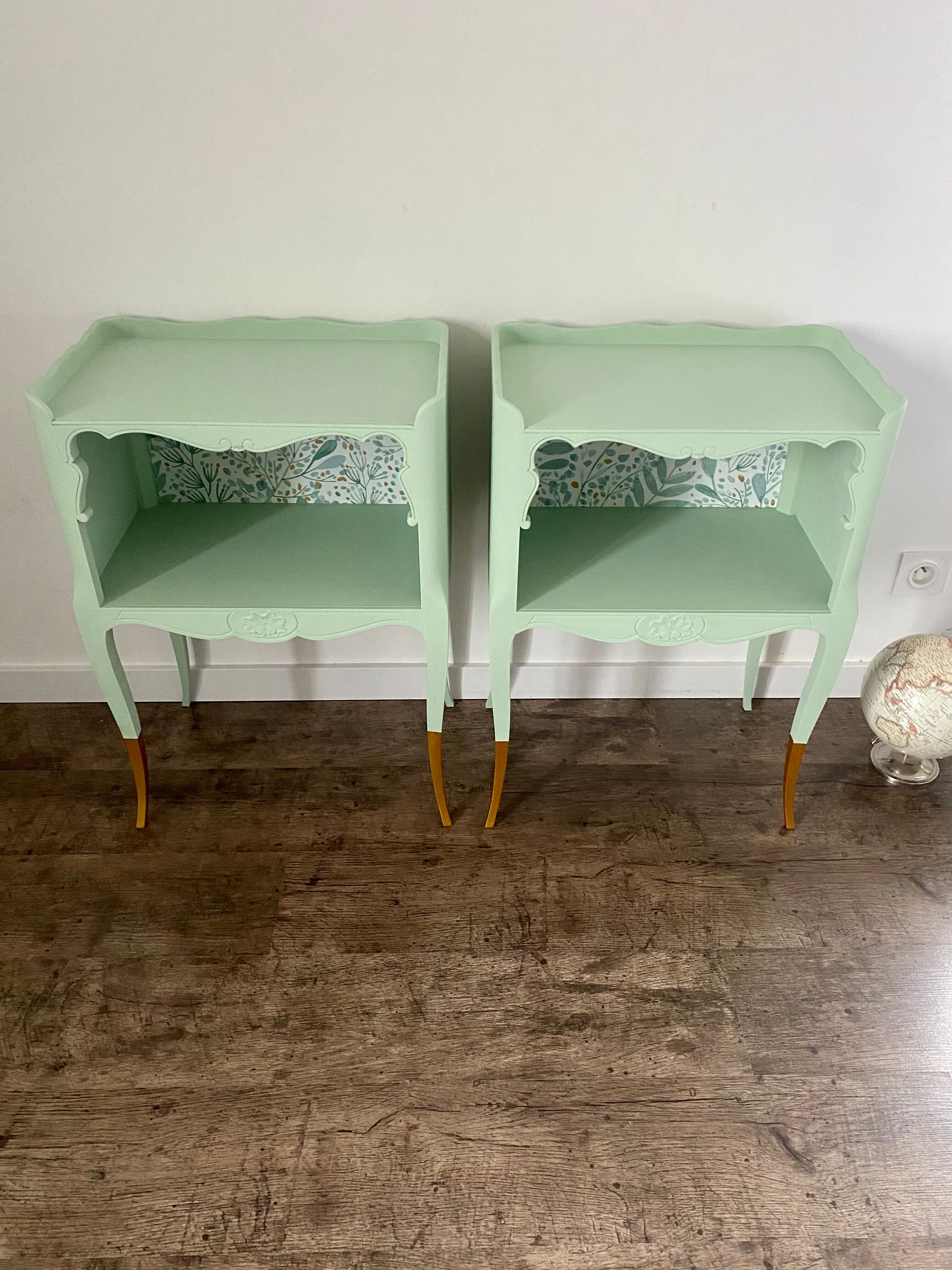 Pair of wooden bedside tables restyled green celadon