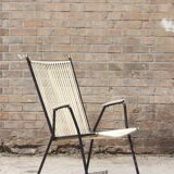 Wrought iron armchair, brass & scoubidou, France 1950s