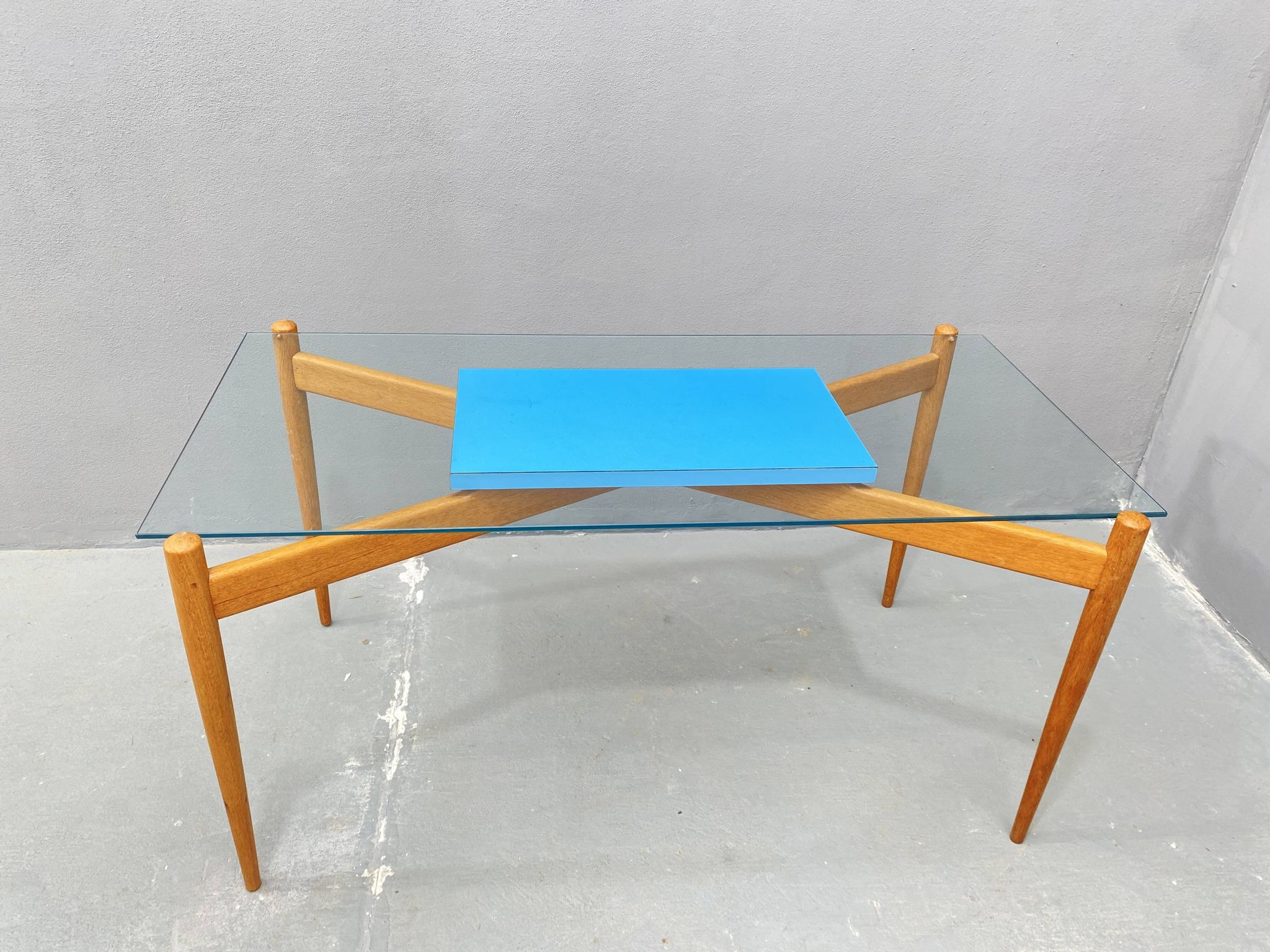 Glass coffee table with a wooden frame, 1960s, Czechoslovakia.