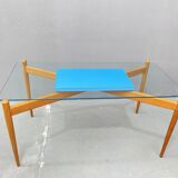 Table basse en verre avec cadre en bois, années 1960, Tchécoslovaquie