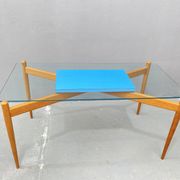 Glass coffee table with a wooden frame, 1960s, Czechoslovakia.