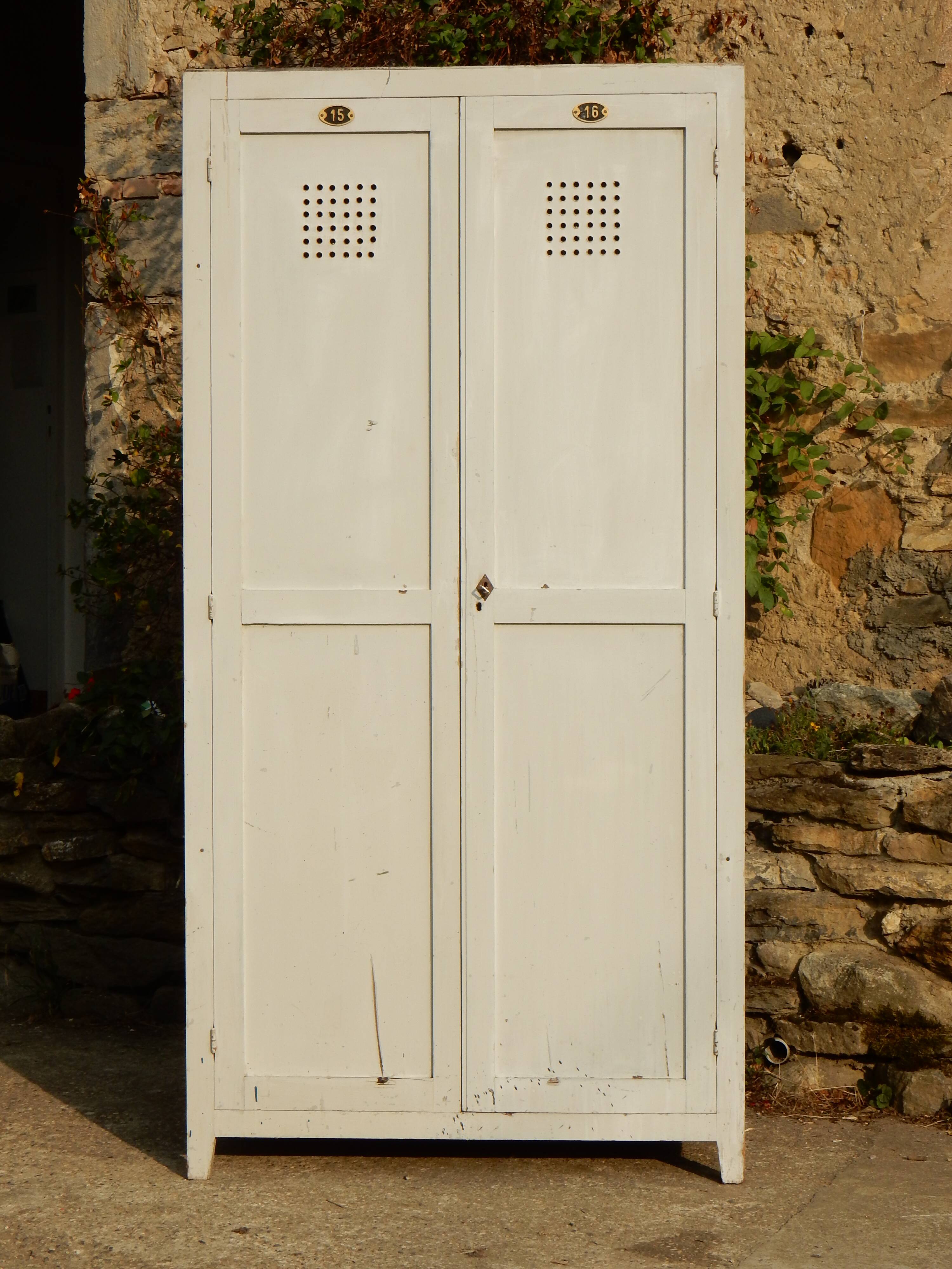 Wardrobe / Old industrial patinated wooden locker / Workshop furniture