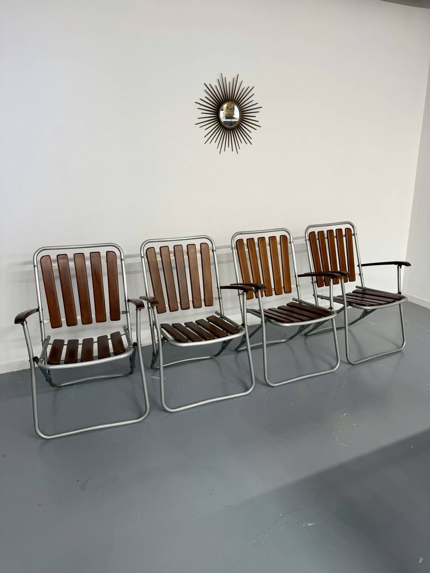 Vintage folding garden set table 4 chairs wood and metal 1960