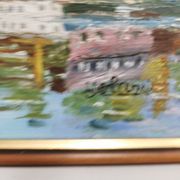 Painting / oil on canvas signed yoland, the port, the boats ....
