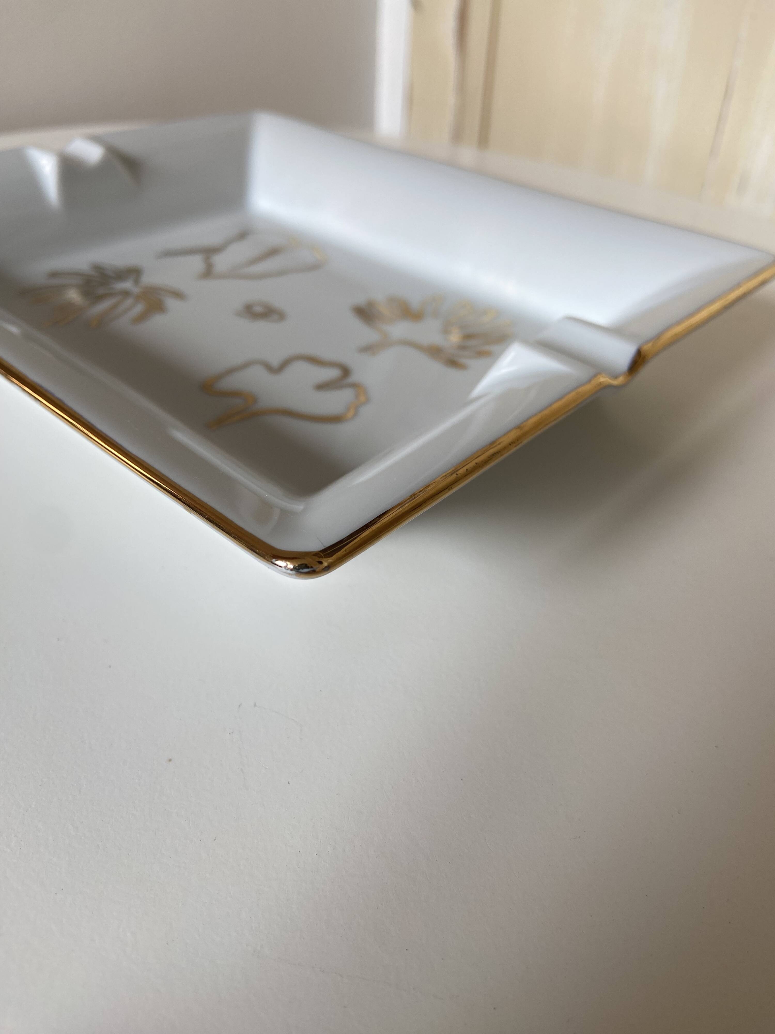 Old rectangular Limoges Porcelain Ashtray: Leaf designs signed GP