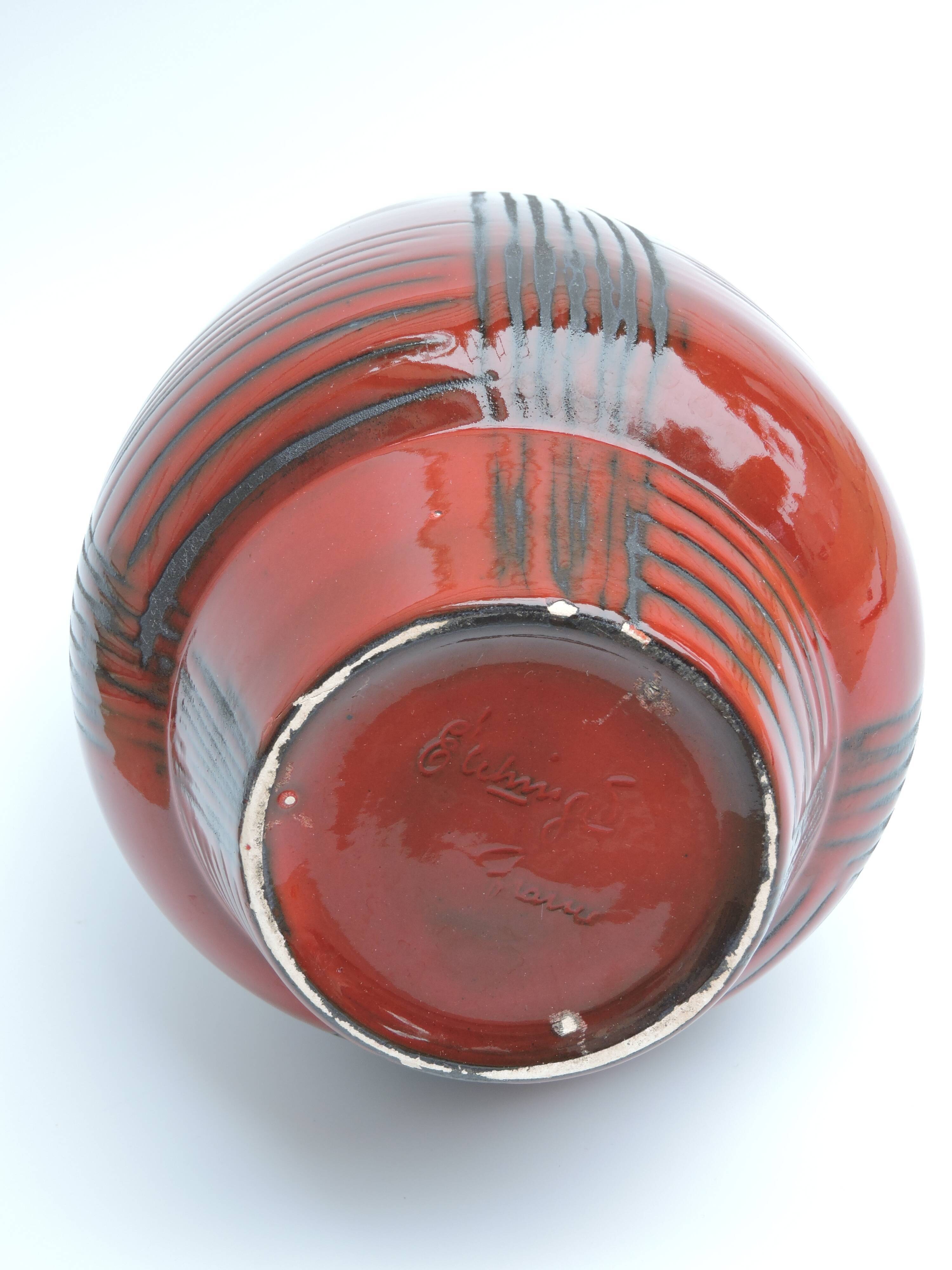 Vintage red ceramic vase scarified decoration elchinger 50' signed