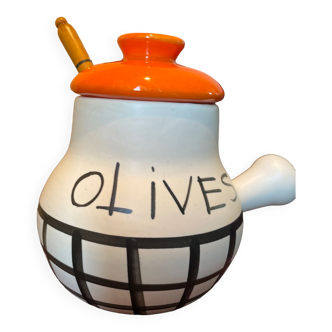 Magifique pot ceramique a olives  avec poignee - signe "lili" (vallauris)