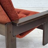 1970s, Danish armchair, orange/red furniture velour, dark oak wood.