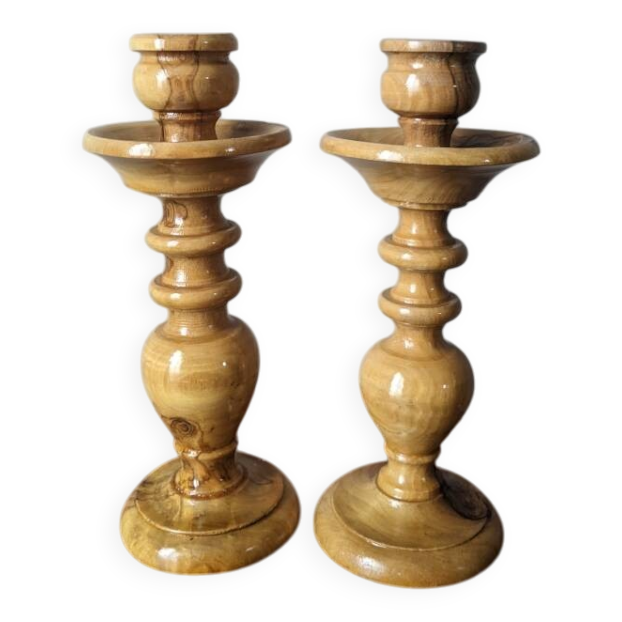 Pair of olive wood candlesticks, turned wood, handcrafted
