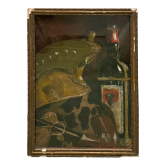 Tableau peinture ancienne nature morte à la bouteille XXe