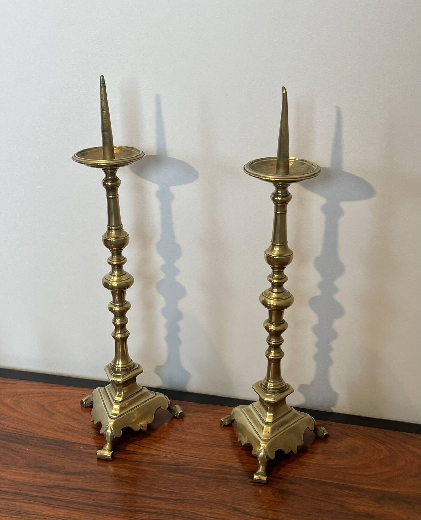 Pair of Large Brass Altar Candlesticks with Baluster Shaft and Tripod Base