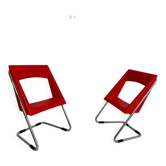 Set of 2 tubular chairs from the 80s, vintage red faux leather