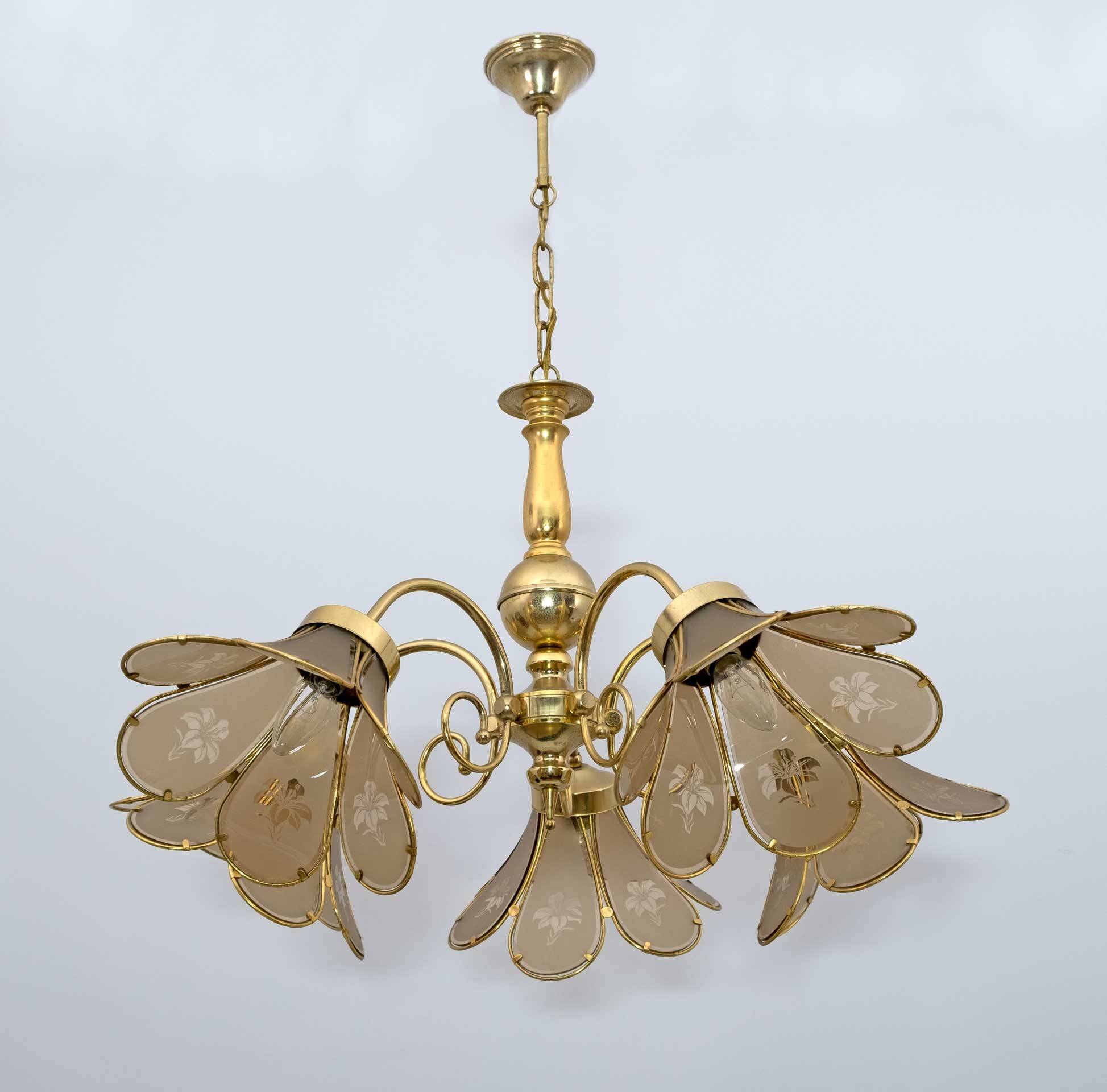 Mid-Century Modern Italian Glass and Brass Chandelier, 1960s
