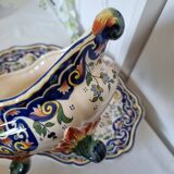 Vintage Rouen porcelain soup tureen with underplate, hand-painted