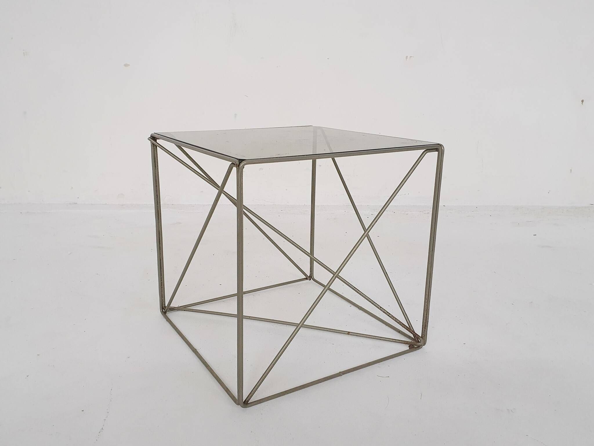 Rare metal and glass side table by Max Sauze, Isocele, France 1960's