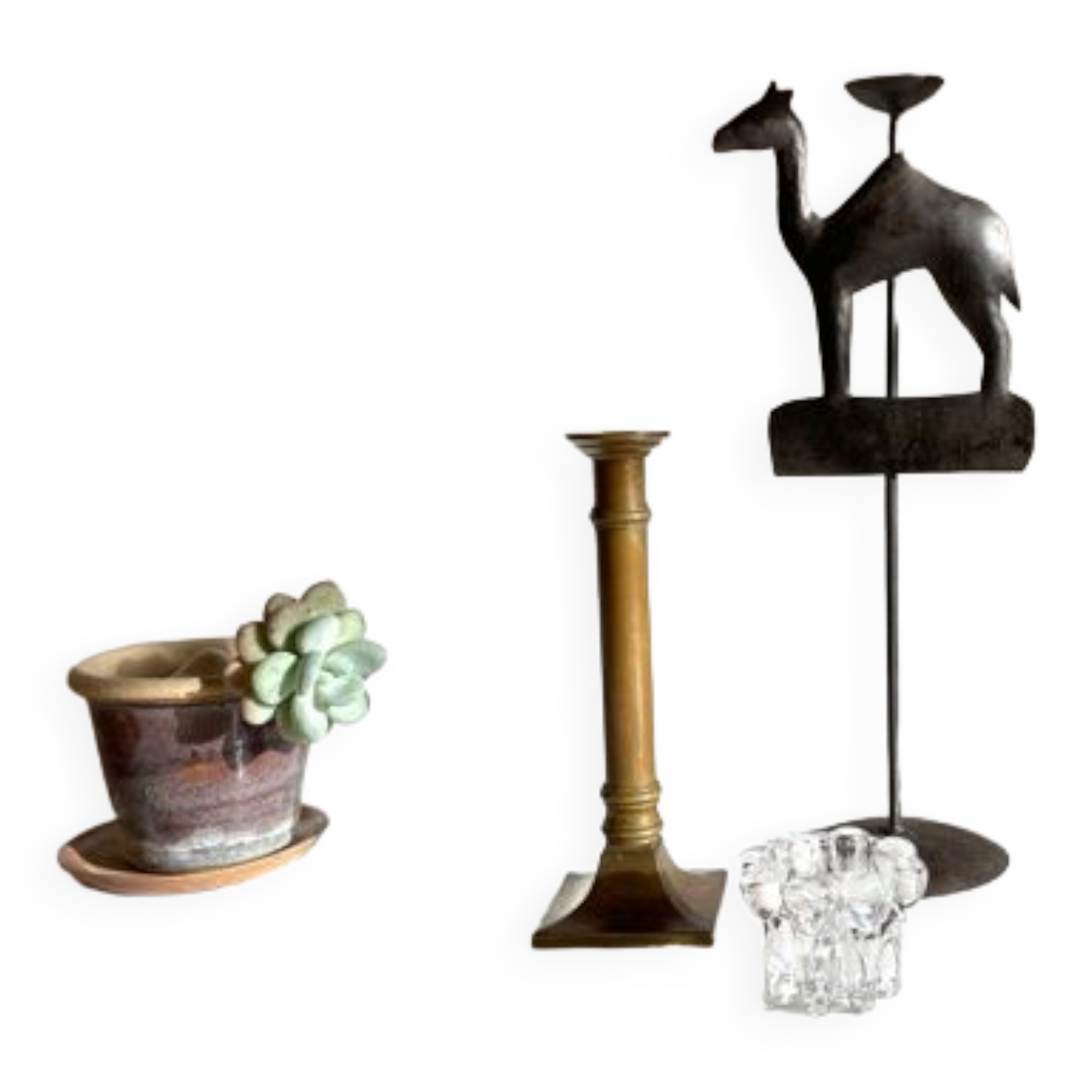 Trio de bougeoirs laiton cristal métal vintage