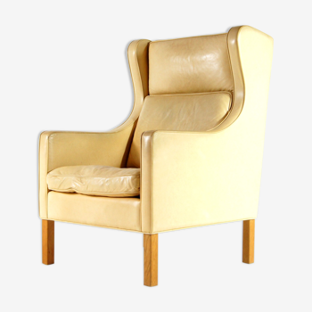 Danish oak & leather lounge wingback chair 70s