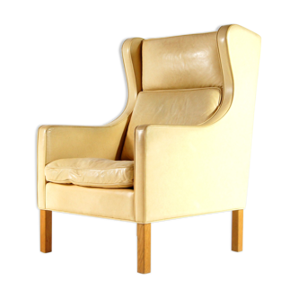 Danish oak & leather lounge wingback chair 70s