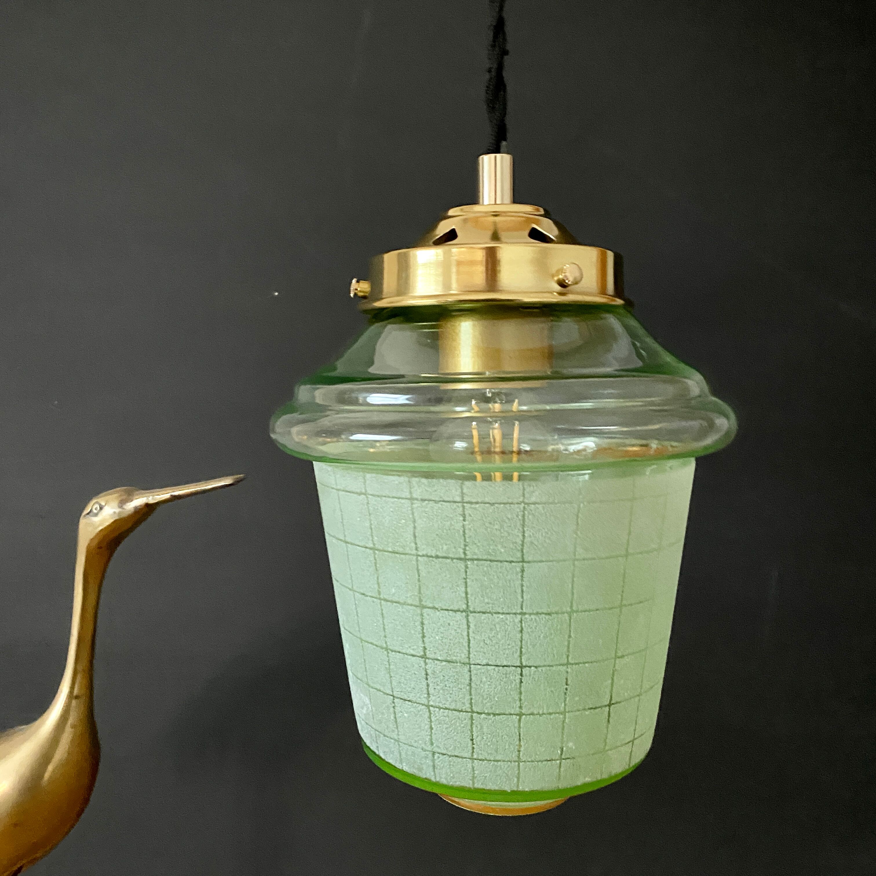 Vintage art deco globe pendant lamp in green granite green and gold