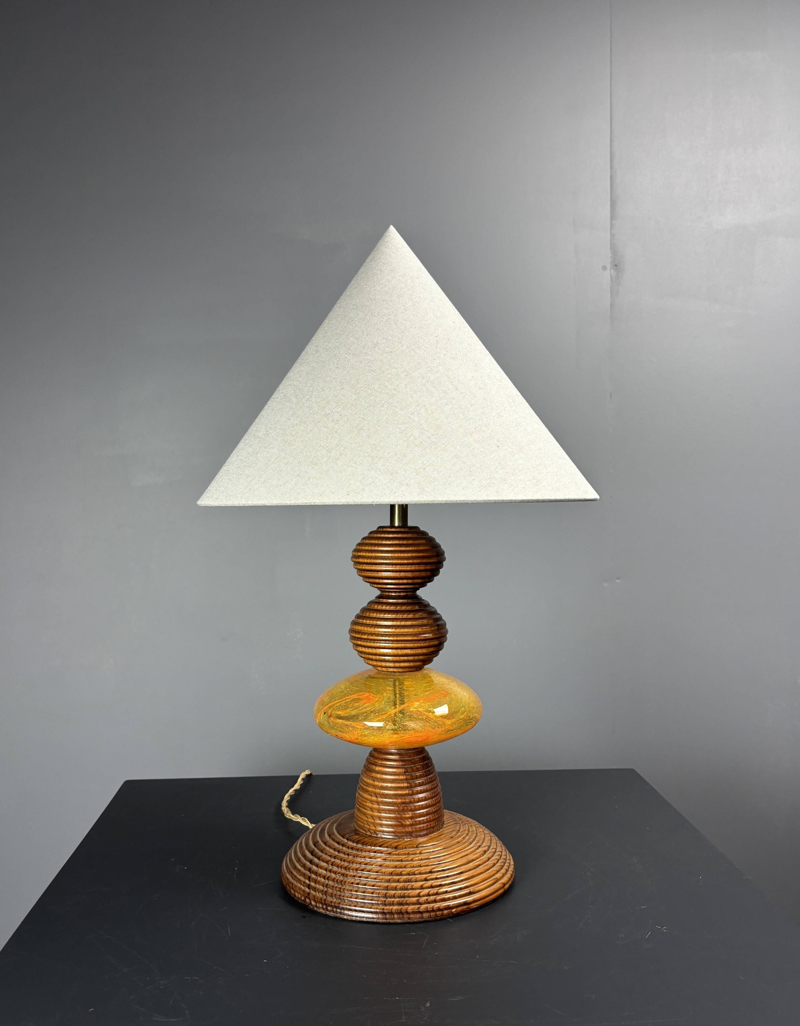 Midcentury wood turned adjustable table lamp with glass sphere, 1970s