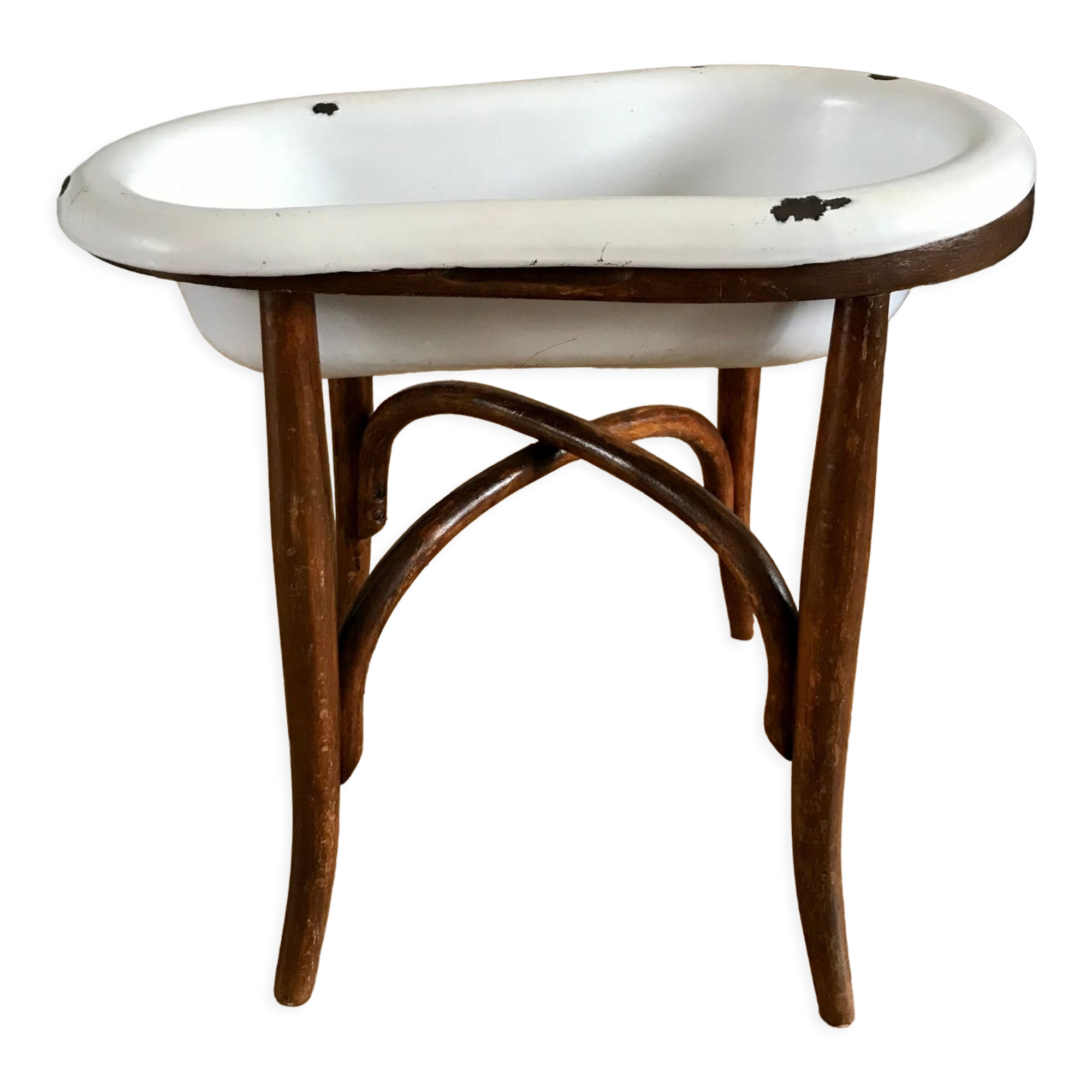 Old baby bean bathtub enamelled structure bent wood early twentieth century