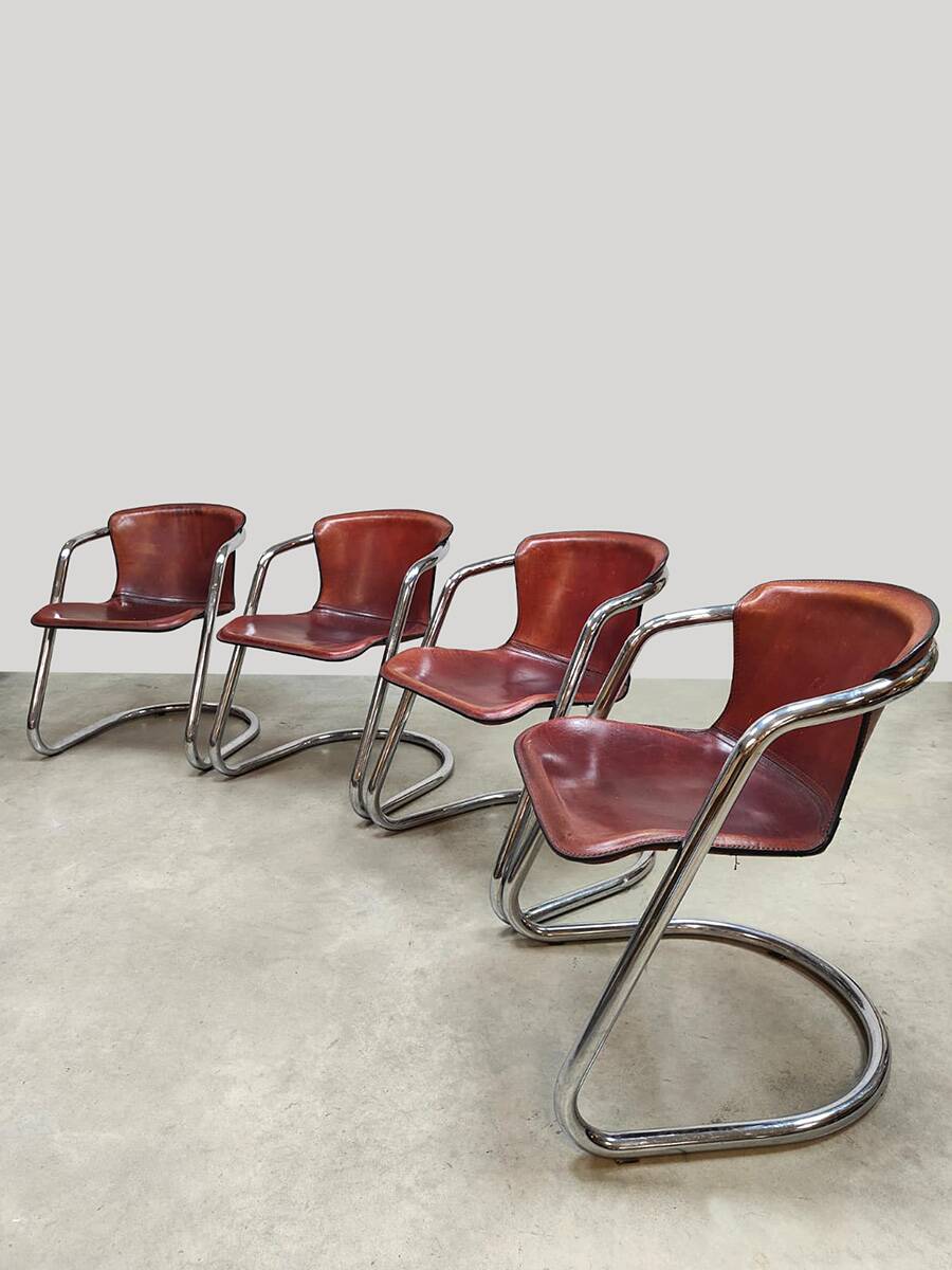 Dutch design vintage tubular chrome leather dining chairs Metaform