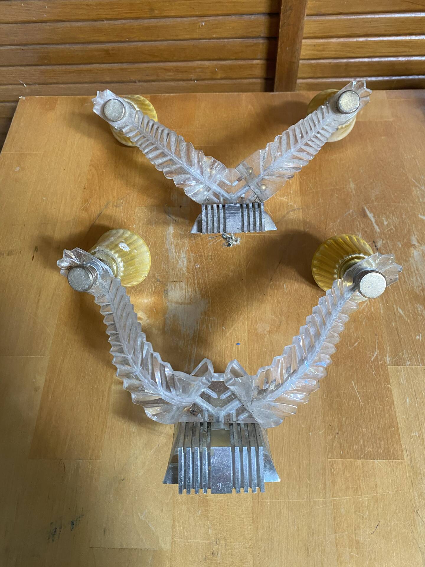 Chandelier + pair of wall lights in the old style jules leleu gilded + perspex plexi