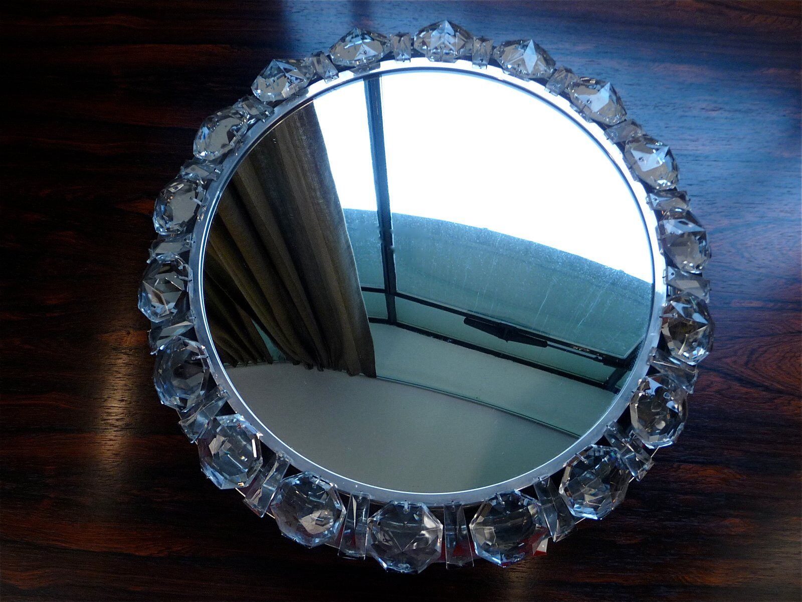 Illuminated round crystal glass mirror from Palwa, West-Germany 1950s