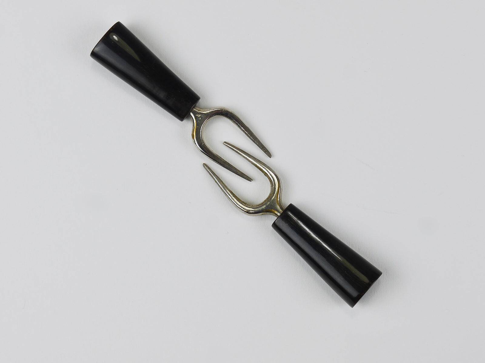 Carl Aubock Pair Forks, Horn, Brass, Leather Holder, Corn Cob Skewers 1930s