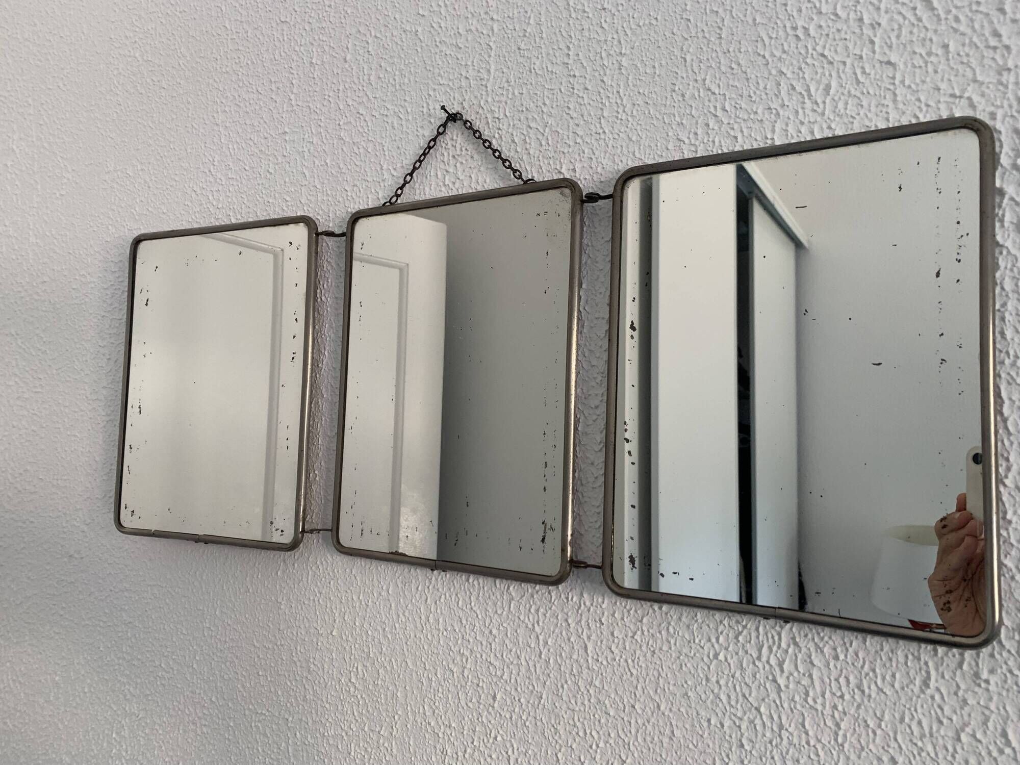 Vintage 1960s triptych barber hairdresser pumpkin mirror - 27 x 68 cm