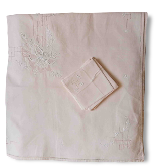 Square hand embroidered linen tablecloth