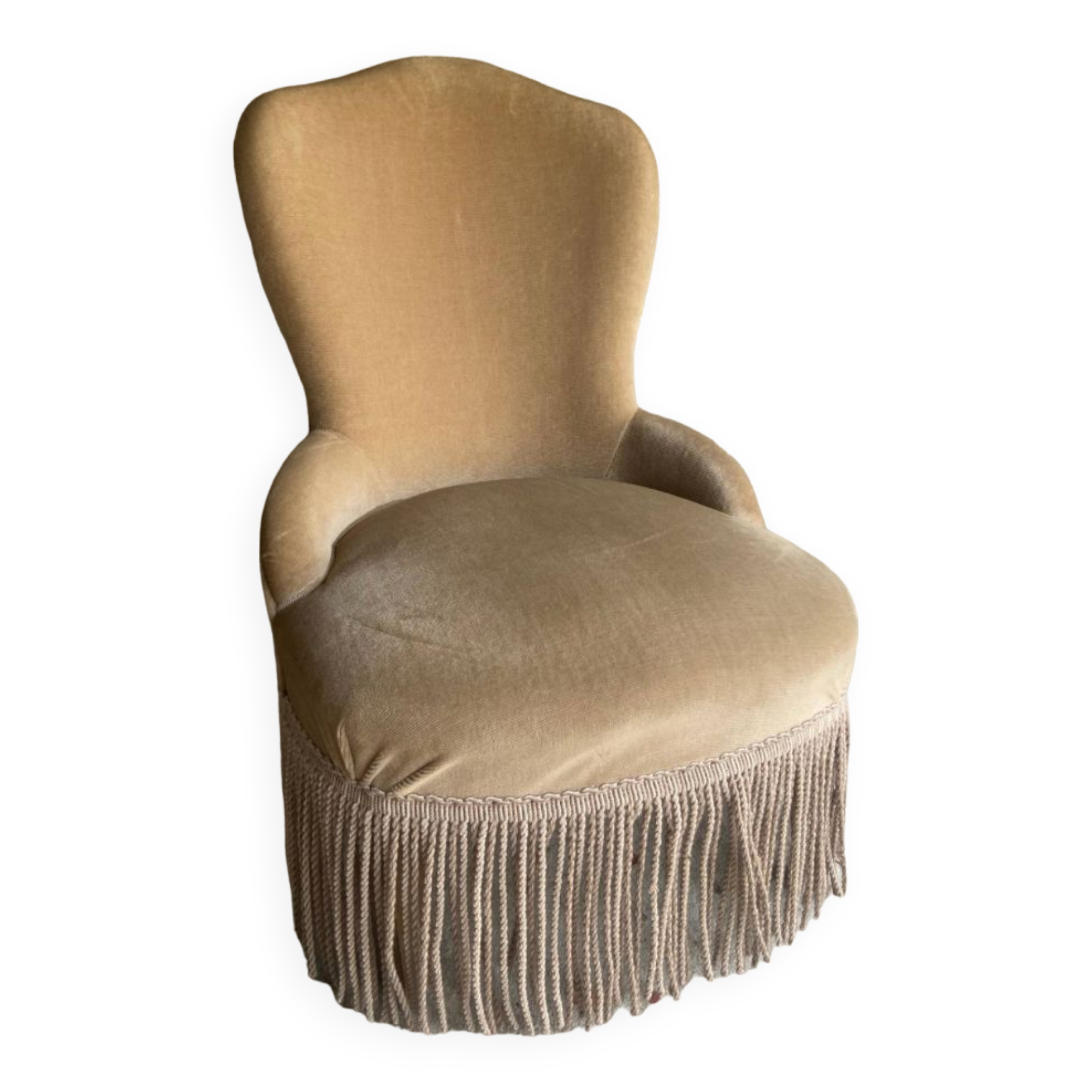 Petit fauteuil crapaud ancien en velours beige