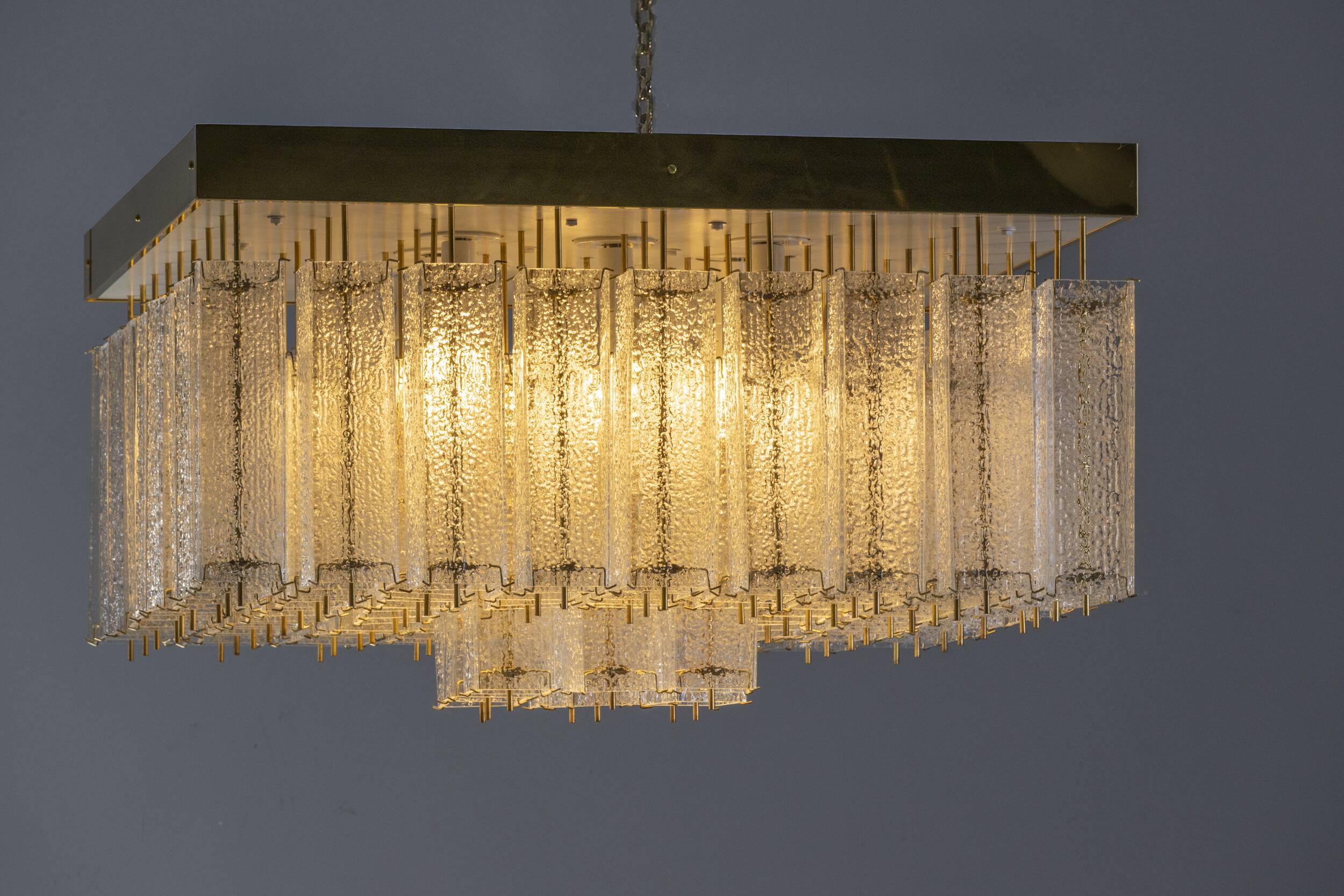 Bohemian flush-mount light in textured glass & brass, 1960s