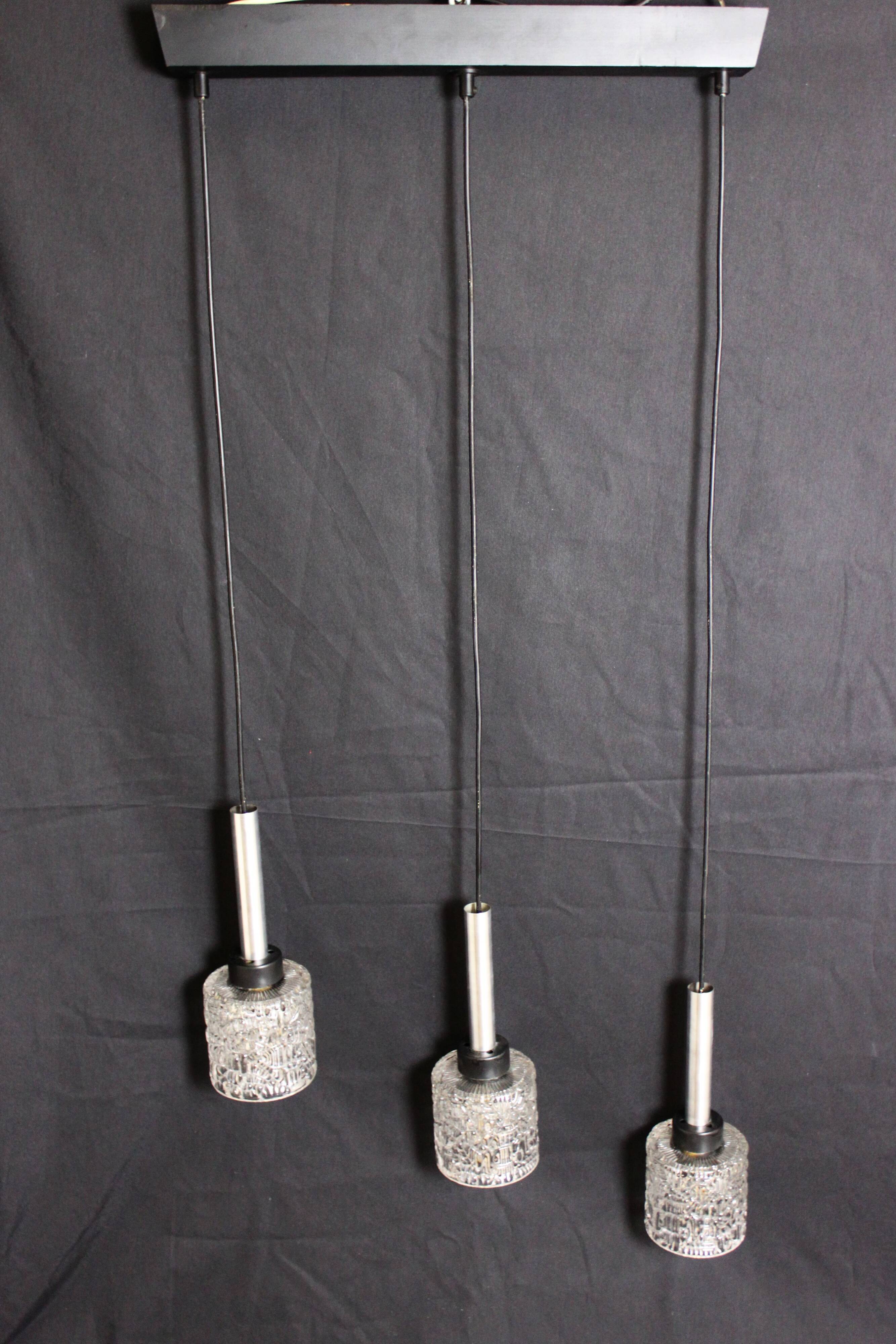 Vintage pendant light with 3 glass and chrome elements, 1960.