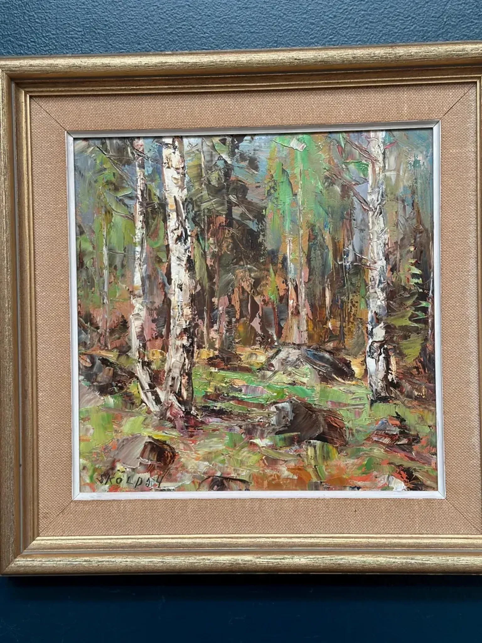 Original Swedish Oil on Canvas – “Birch Forest” by John Sköld – Signed – Dated 1954 – Framed – 40 × 40 cm