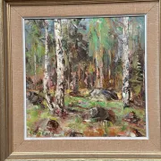 Original Swedish Oil on Canvas – “Birch Forest” by John Sköld – Signed – Dated 1954 – Framed – 40 × 40 cm