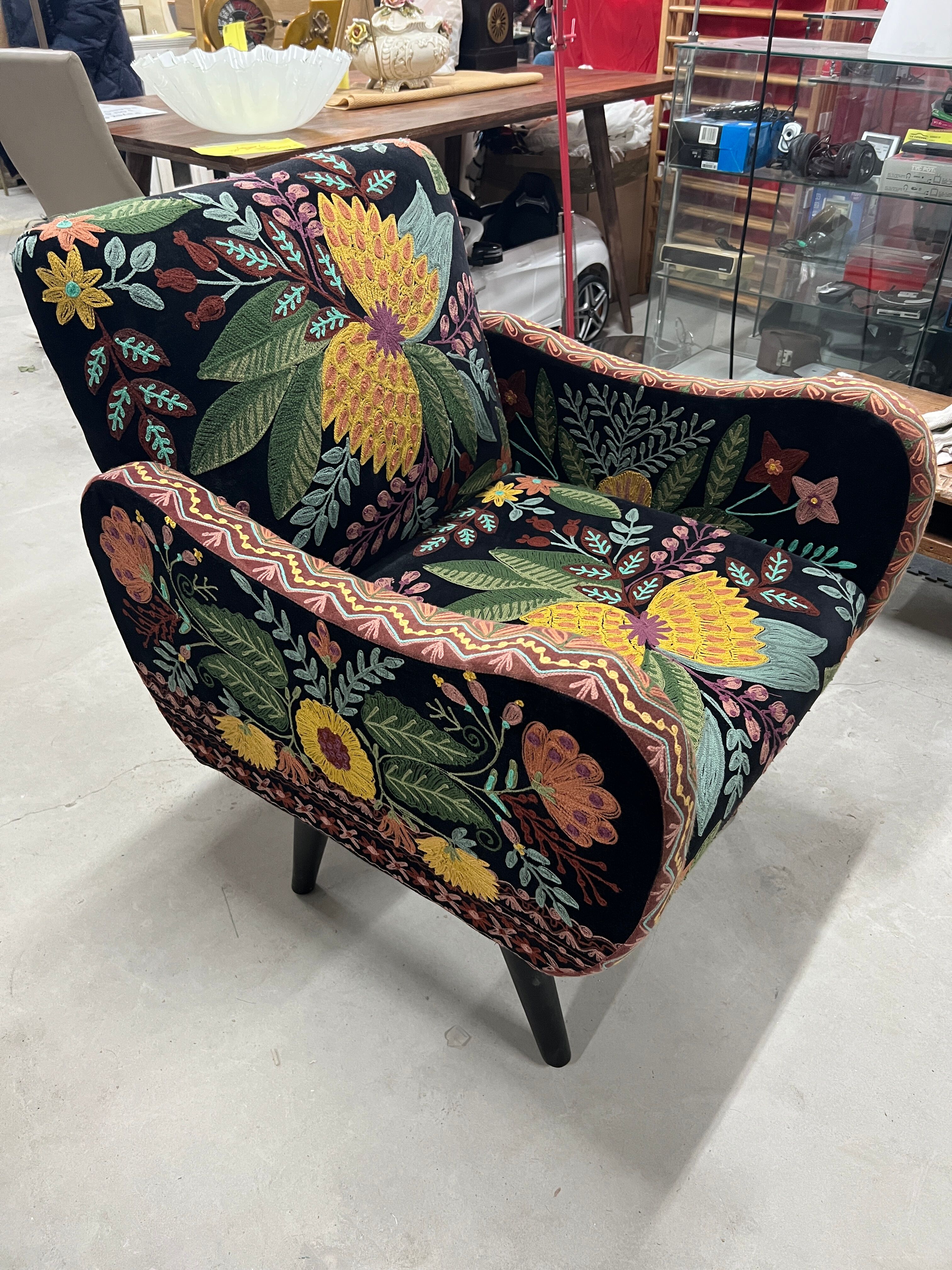 British style armchair in embroidered black velvet and legs in solid black mango tree