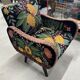 British style armchair in embroidered black velvet and legs in solid black mango tree