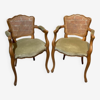 Set of 2 Louis XV style armchairs, the back is in canework and the seat in fabric.