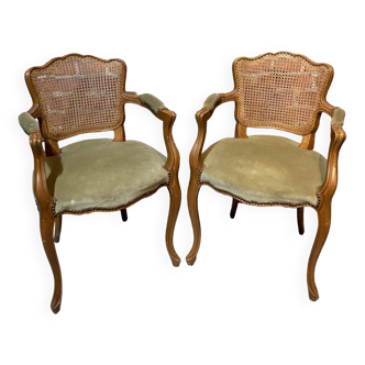 Set of 2 Louis XV style armchairs, the back is in canework and the seat in fabric.