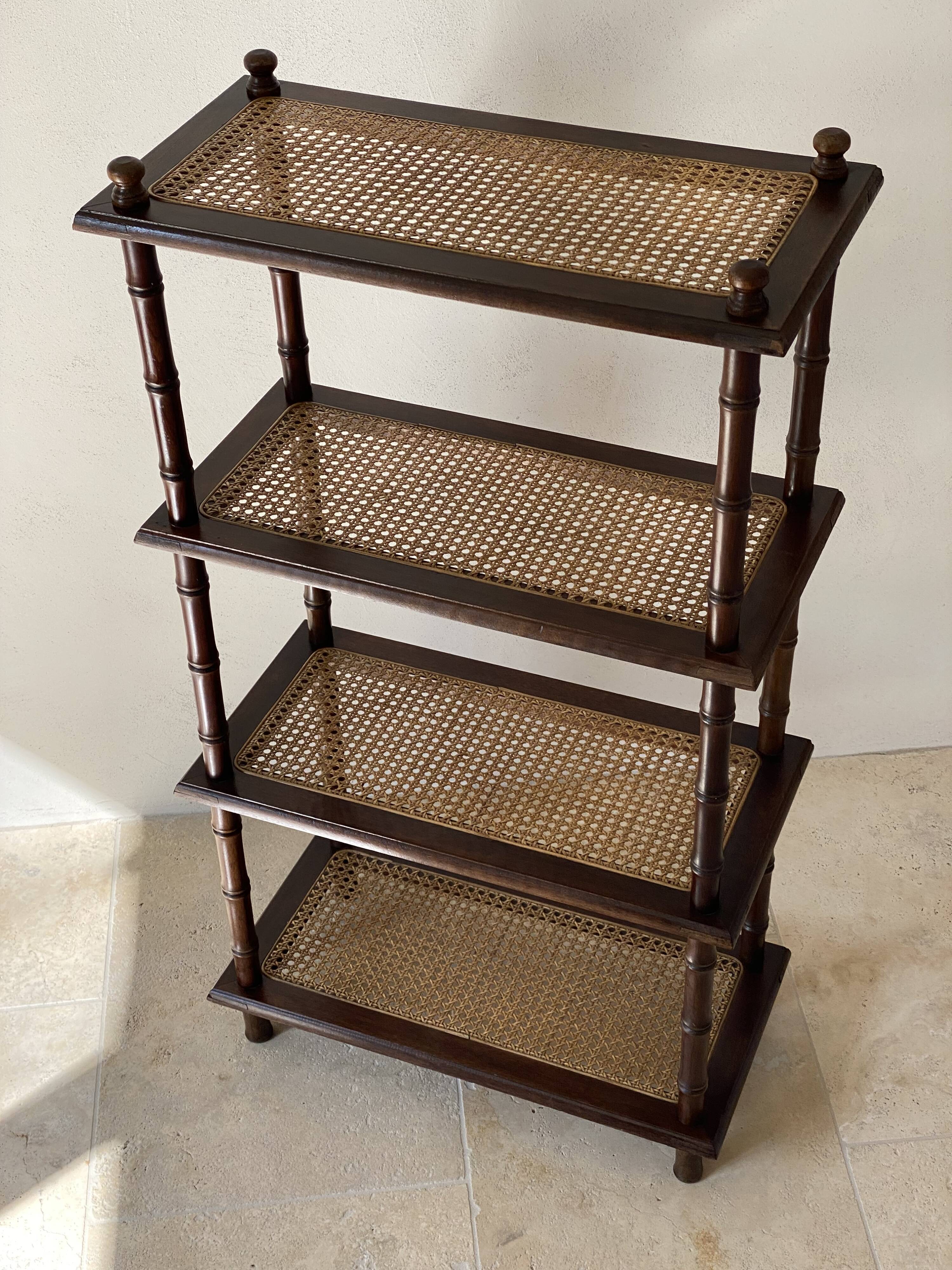 Vintage wooden shelf with cane, colonial style, 4 levels.