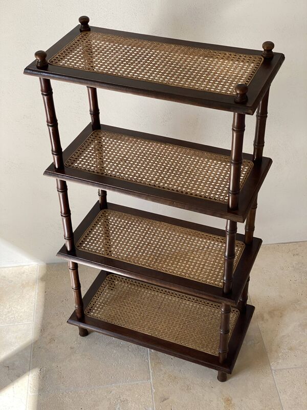 Étagère vintage bois et cannage style colonial 4 niveaux