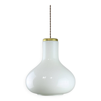 Big mid-century italian brass and opaline glass pendant lamp