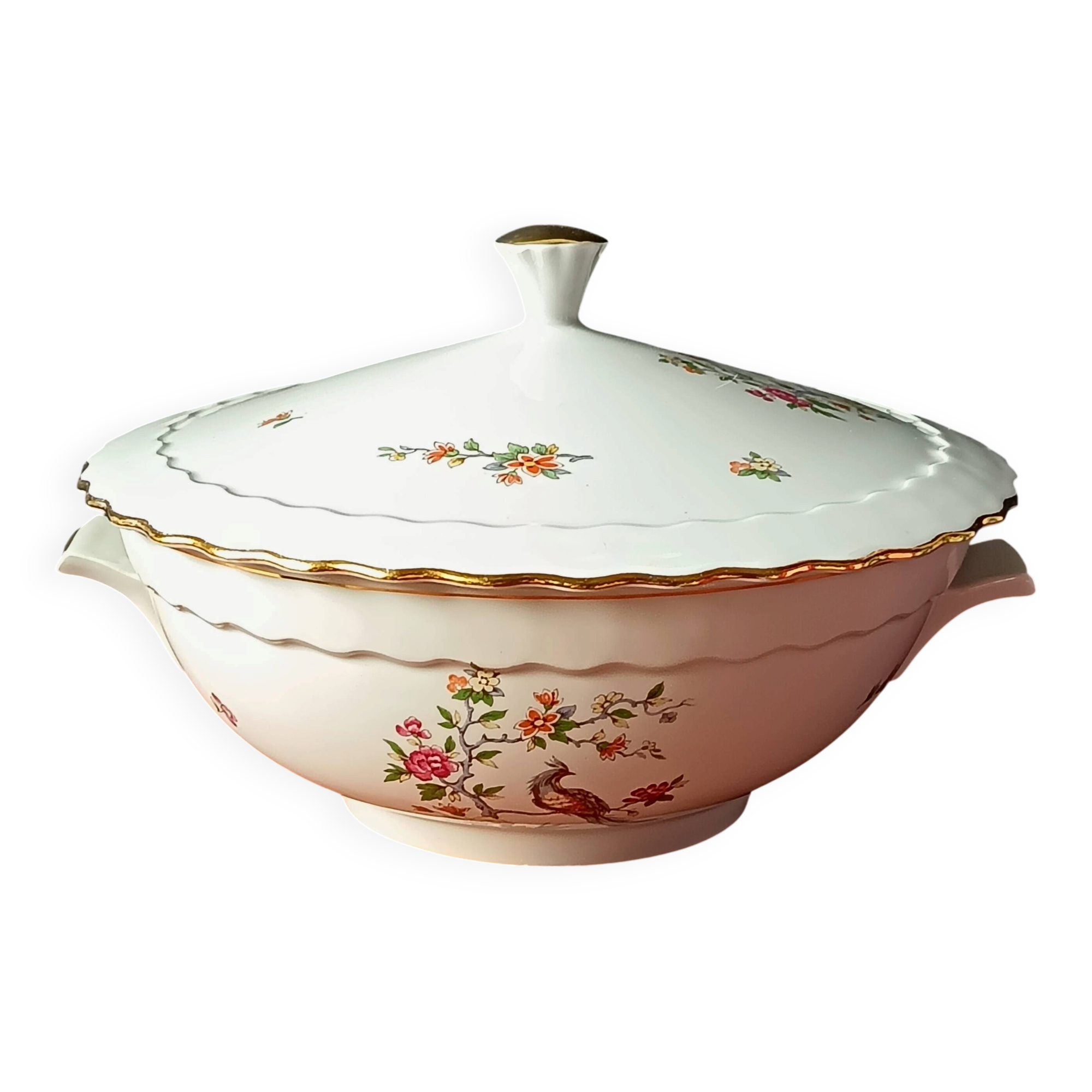 Vintage soup tureen, Vitriam porcelain France, Phoenix on a flowering branch.