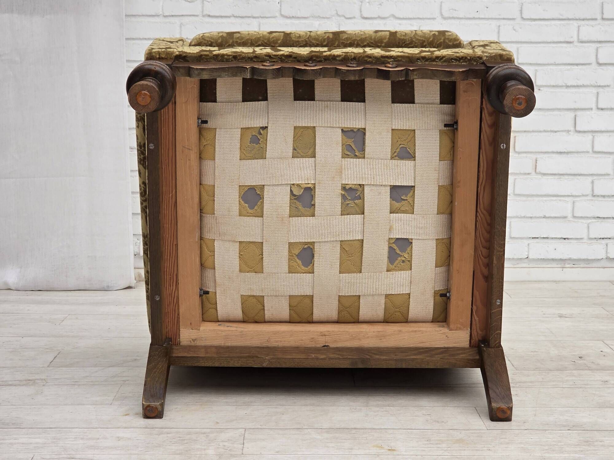 1960s, Danish armchair, furniture velour, carved oak wood.