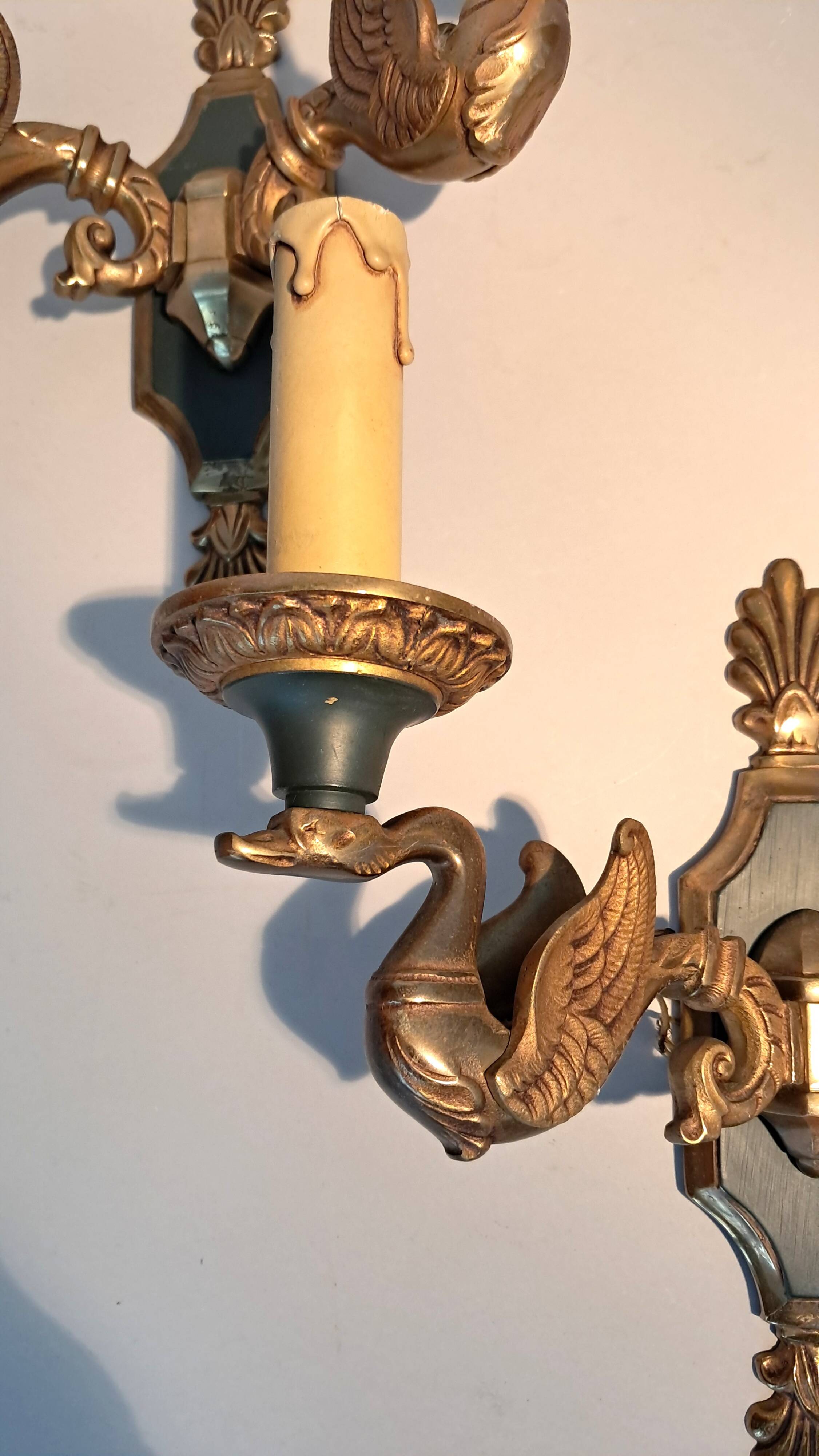 Pair of gilded bronze and green lacquer wall sconces by Maison Lucien Gau, Paris.