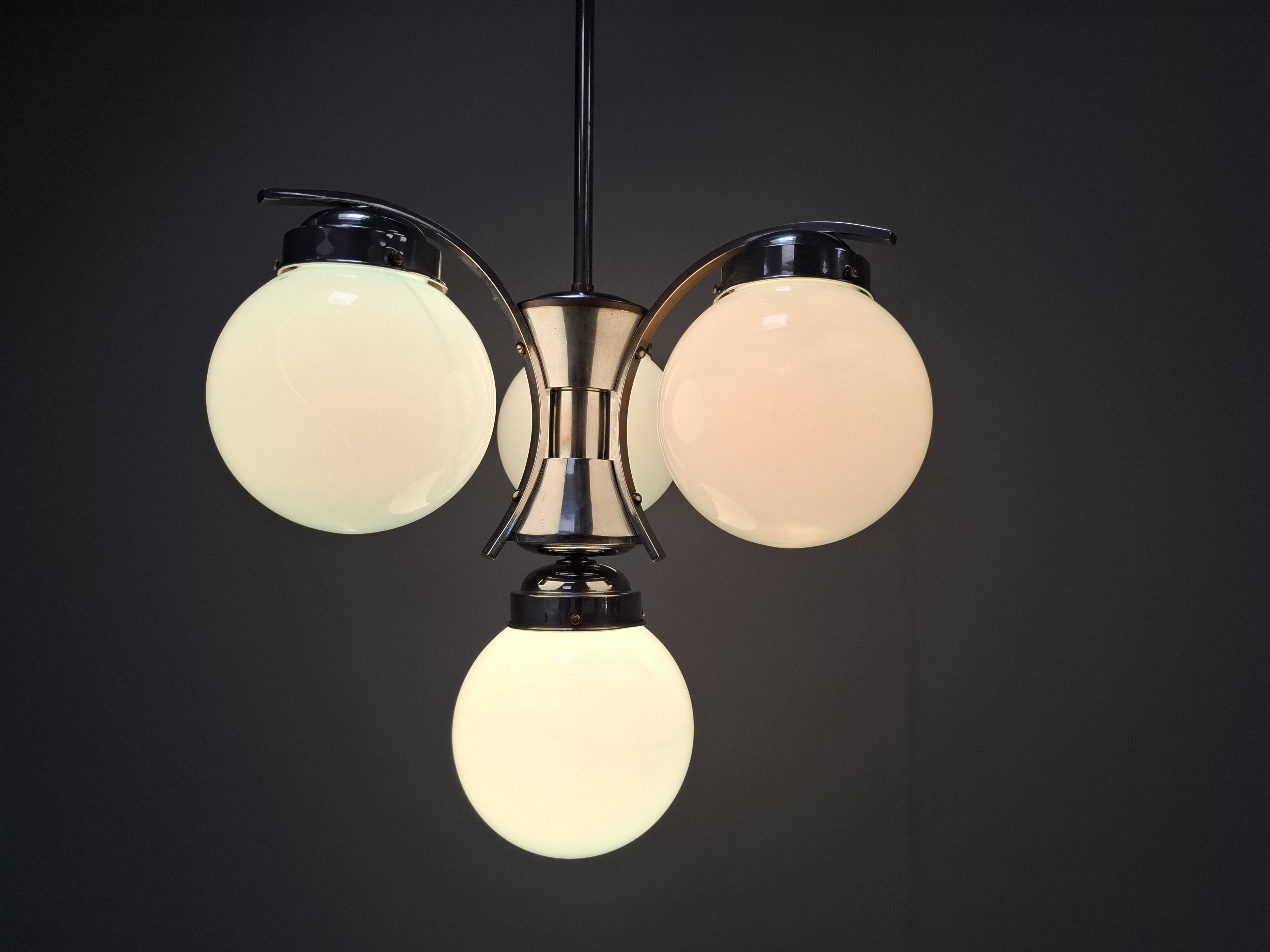 1930s Czech Art Deco Blue Opaline Glass and Chrome Four-Light Chandelier