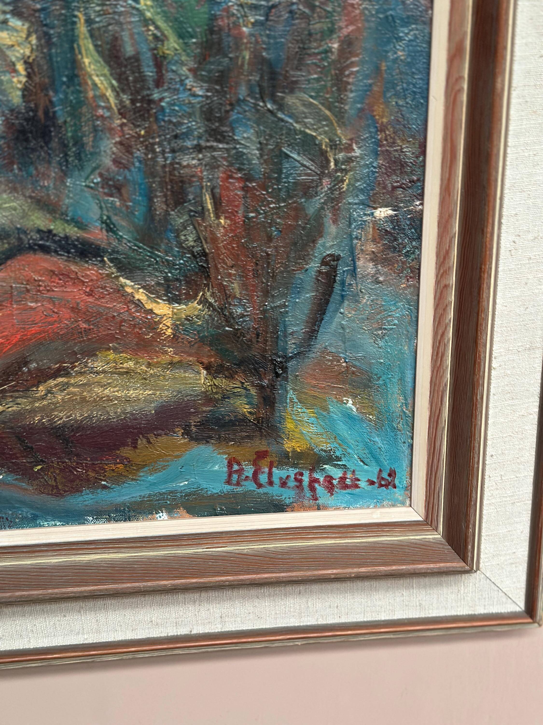 Original Mid Century Swedish Oil On Canvas – “Hut Between Hills” By B. Elvsfedt – 1962 – Vintage & Framed – 83 × 70 Cm (32.7" × 27.6")