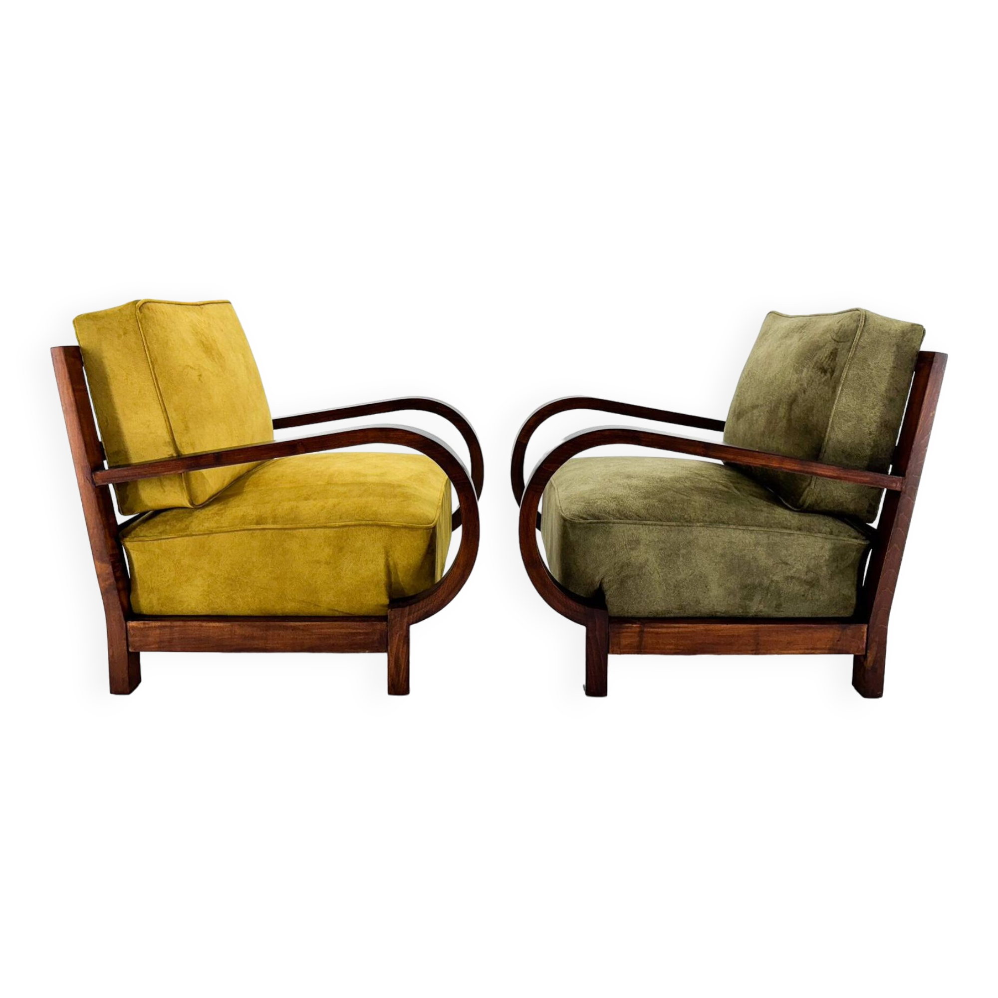 Pair of Art Deco beech armchairs, 1930s, newly upholstered